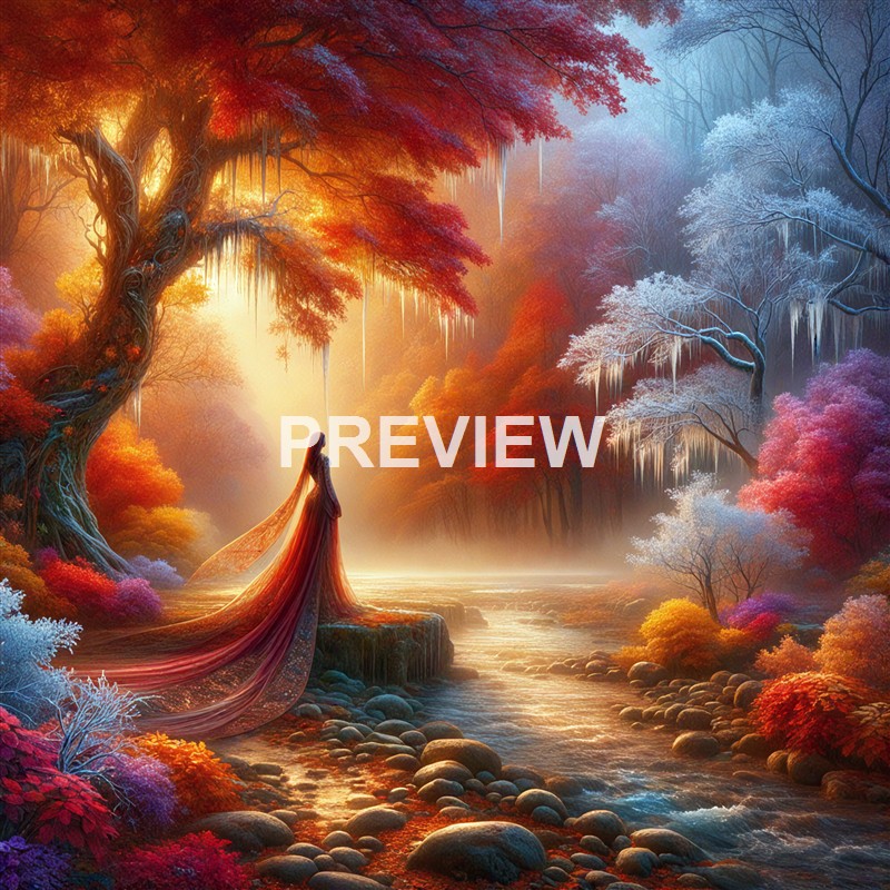 A mystical forest scene with vibrant autumn-colored trees on one side and icy, snow-covered trees on the other, with a woman in a flowing dress standing near a stream bathed in warm, golden light.